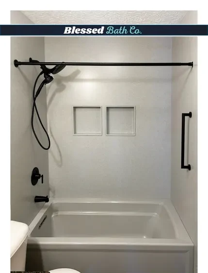 Bathtub and shower combo with a recessed niche and grab bar