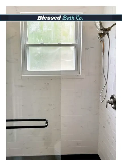 Walk-in shower under a window with a curtain rod and grab bar
