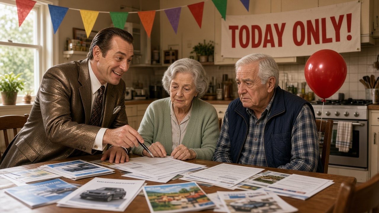 A pushy salesman pressuring an older couple to sign at their kitchen table