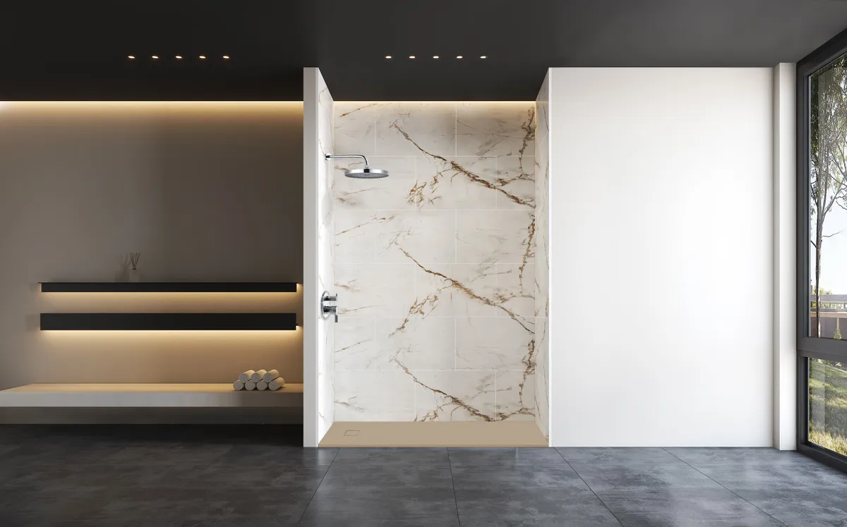 Pioneer Plus shower walls in Awaken Gold stone color, manufacturer photo